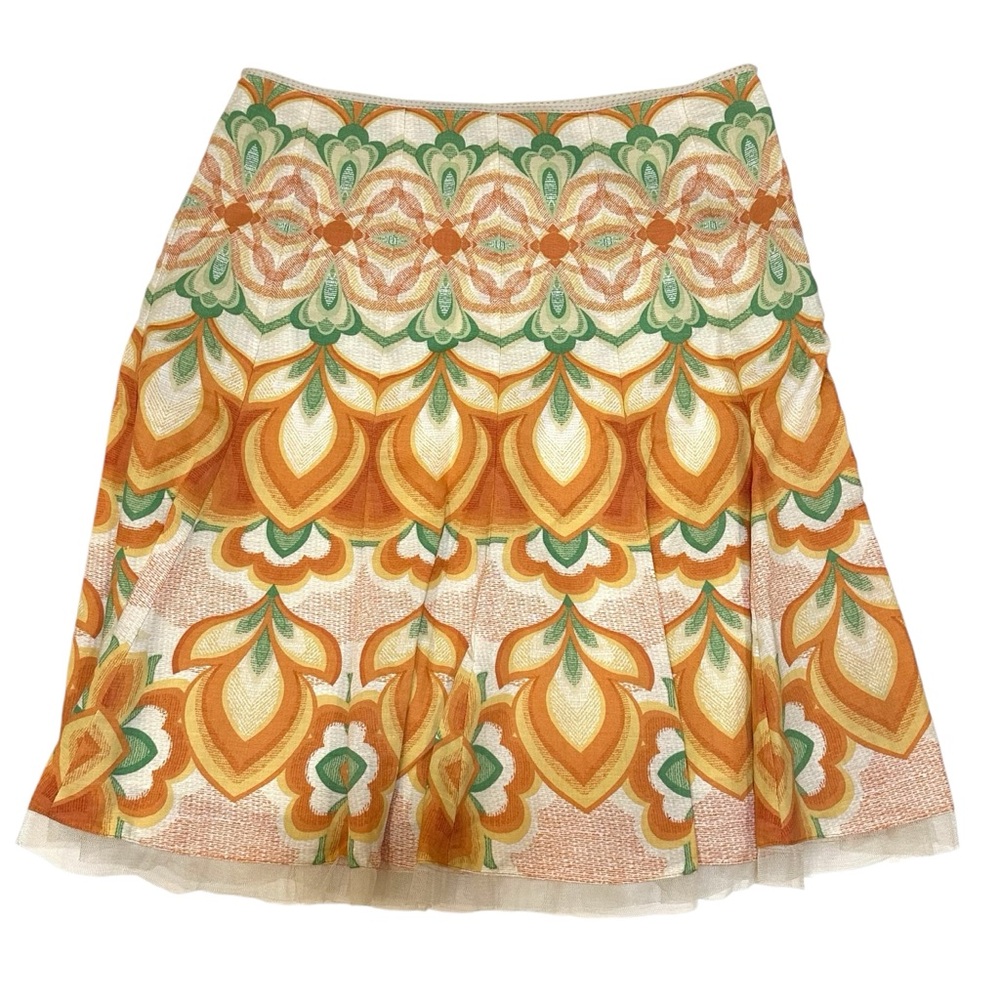 T Tahari Women's Linen Floral A-Line Skirt Orange Cream Green Size 12